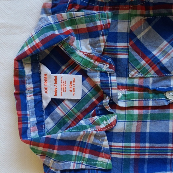joe fresh plaid cotton button down collared shirt 6-12 months baby boy - Picture 2 of 6